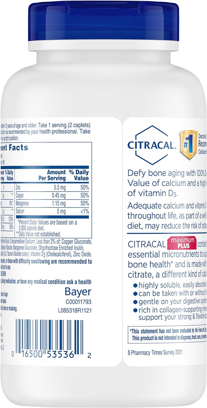 Citracal Maximum Plus, 650 mg Calcium Citrate, easily absorbed and highly soluble with 25 mcg (1000 IU) Vitamin D3, Bone Health Support, Calcium Supplement for Ages 12+, 180 Count