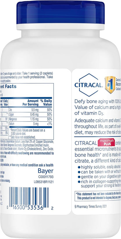 Citracal Maximum Plus, 650 mg Calcium Citrate, easily absorbed and highly soluble with 25 mcg (1000 IU) Vitamin D3, Bone Health Support, Calcium Supplement for Ages 12+, 180 Count