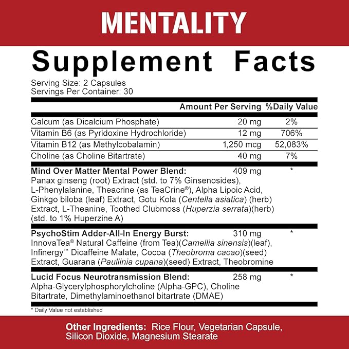 5% Nutrition Rich Piana Mentality Nootropic Blend | Brain Booster Supplement for Performance, Memory, Mental Clarity | Ginseng, Ginkgo, L-Theanine, Choline, Huperzine, 60 Capsules (30 Day Supply)