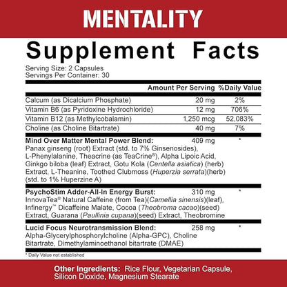 5% Nutrition Rich Piana Mentality Nootropic Blend | Brain Booster Supplement for Performance, Memory, Mental Clarity | Ginseng, Ginkgo, L-Theanine, Choline, Huperzine, 60 Capsules (30 Day Supply)