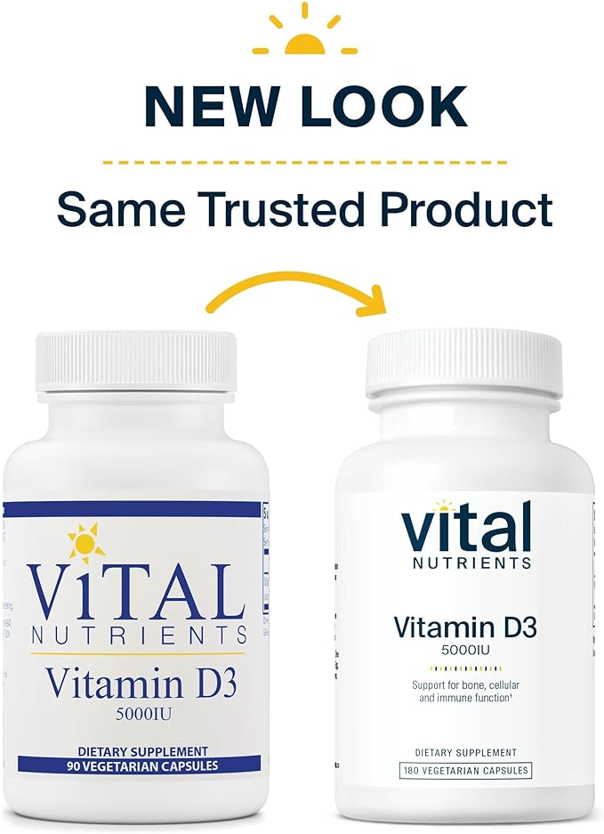 Vital Nutrients Vitamin D 5000 IU | Vitamin D3 Supplement | Healthy Bones, Teeth, Muscles*| Cellular & Immune Function | Calcium Absorption | Gluten, Dairy and Soy Free | 180 Capsules