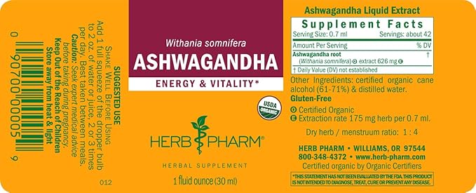 Herb Pharm Certified Organic Ashwagandha Extract for Energy and Vitality, Grain, Organic Cane Alcohol, 1 Ounce