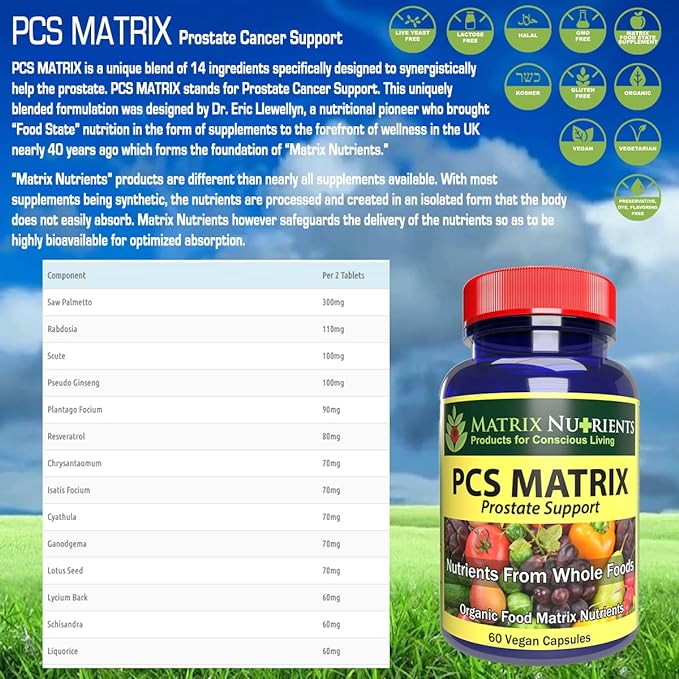 PCS Matrix - Lower PSA Levels - See Our LAB Results! - 100% Natural Ingredients: Saw Palmetto, Rabdosia, Scute, Plantago Focium, Chrysantaomum, Ganoderma, Lotus Seed - Vegan Capsules (60ct)