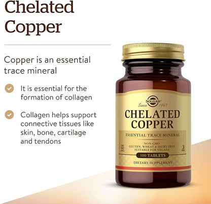 Solgar Chelated Copper, 100 Tablets - Essential for Collagen Formation - Highly Bioavailable Form - Supports Connective Tissue - Non-GMO, Vegan, Gluten Free, Dairy Free, Kosher - 100 Servings