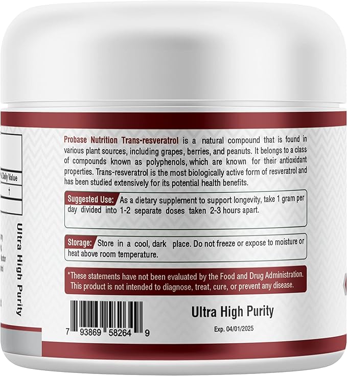 99% Micronized Trans-Resveratrol Powder - 1000mg | Pure Pharmaceutical Grade Trans-Resveratrol Powder, 40g Jar, 40-Day Supply