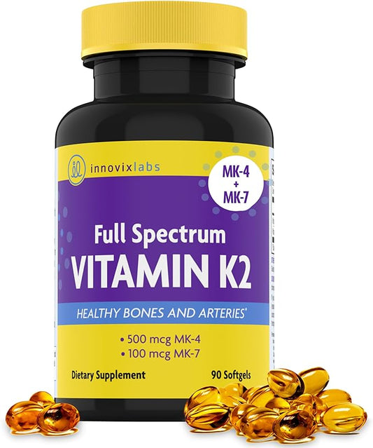 InnovixLabs Full Spectrum Vitamin K2 MK-7-90 Capsules - VIT K2 Vitamin Supplement with Trans Form MK7 & MK4-600 mcg - Supports General Health & Bones, K-2 Vitamins - Soy & Gluten Free