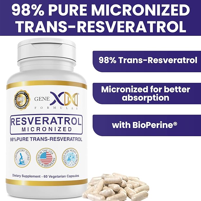 GENEX 98% Pure Trans-Resveratrol with BioPerine for Absorption (60 Capsules) Micronized, Lab-Tested, Fully Stabilized Resveratrol 600mg - Non-GMO, Gluten Free, Vegetarian