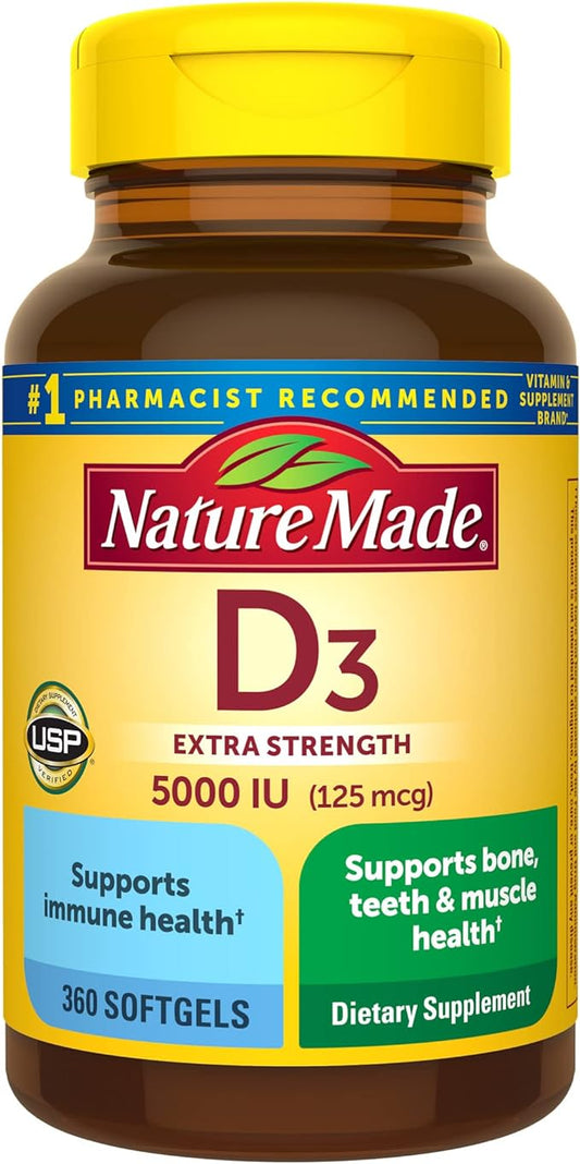 Nature Made Extra Strength Vitamin D3 5000 IU (125 mcg), Dietary Supplement for Bone, Teeth, Muscle and Immune Health Support, 360 Softgels, 360 Day Supply