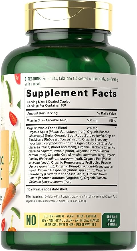 Carlyle Raw Whole Foods VIT C | 180 Coated Caplets | Dietary Supplement | Vegan, Non-GMO & Gluten Free