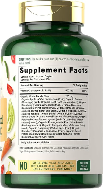 Carlyle Raw Whole Foods VIT C | 180 Coated Caplets | Dietary Supplement | Vegan, Non-GMO & Gluten Free