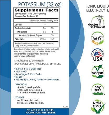 Eniva Health - Liquid Ionic Potassium Supplement for Electrolyte Replacement and Metabolic Support | 600 MG | Gluten-Free, Sugar-Free and Keto-Friendly | Dietary Supplement (32oz) - 32 Servings