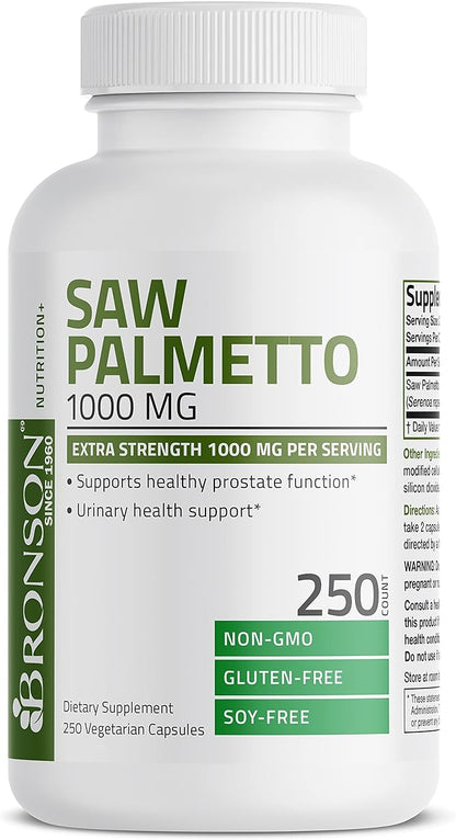 Bronson Saw Palmetto 1000 MG per Serving Extra Strength Supports Healthy Prostate Function & Urinary Health Support - Non GMO, 250 Vegetarian Capsules