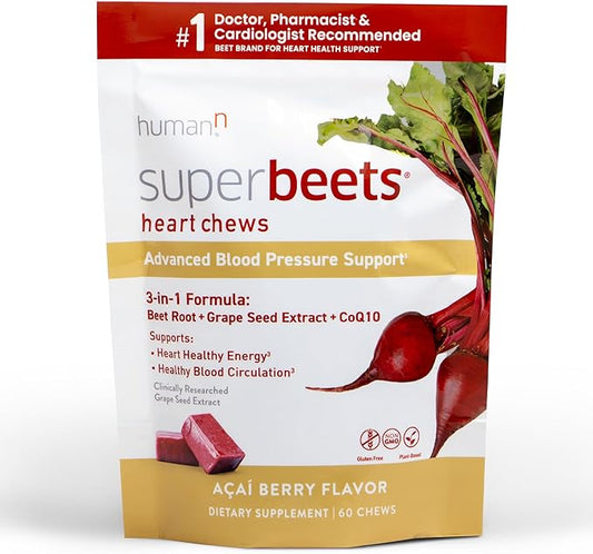 humanN SuperBeets Heart Chews Advanced - 100mg of CoQ10 Plus Beetroot & Grape Seed Extract, 60 Count