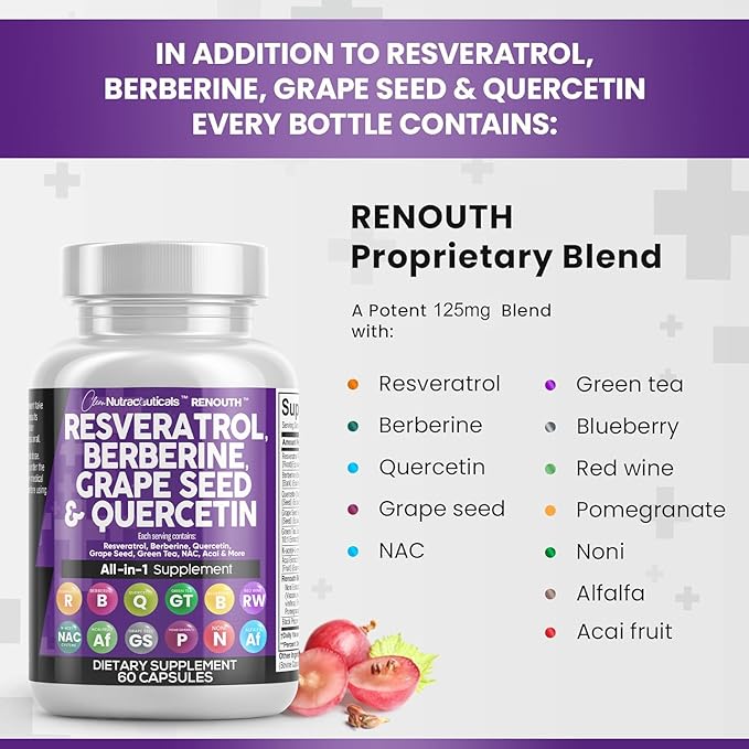 Resveratrol 6000mg Berberine 3000mg Grape Seed Extract 3000mg Quercetin 4000mg Green Tea Extract - Polyphenol Supplement for Women and Men with N-Acetyl Cysteine, Acai Extract - 60 Capsules