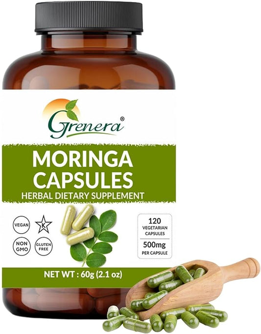 Grenera Moringa Capsules 120 nos, 100% Pure Single Origin Moringa Oleifera Leaf Powder, Malunggay Pills Supplement for Energy, Metabolism, & Immune Support