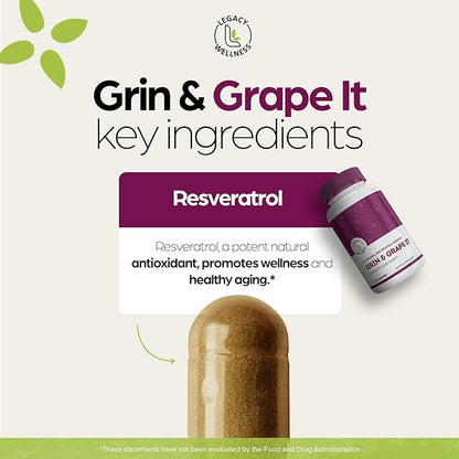 Legacy Wellness GRIN & Grape IT Resveratrol Supplement - Supports Healthy Aging, Skin, Immune, Digestive & Cardiovascular Systems, Brain, Joint Health - 600mg Trans-resveratrol Grape Extract Capsules