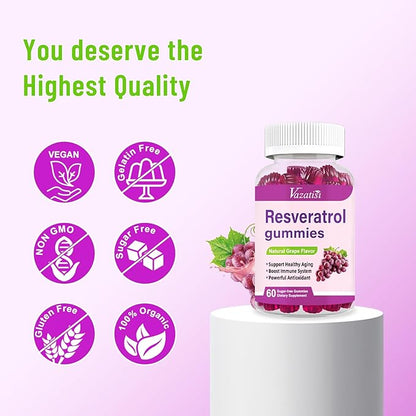 High Purity Resveratrol Gummies, 98% Trans-Resveratrol with Quercetin, Coq 10, Vitamin C - Reservatrol Supplement for Antioxidant, Joint, Anti-Aging - 60 Gummies