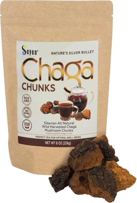 Sayan Siberian Pure Raw Chaga Mushroom Chunks with Black Top Crust 8 Oz / 227 g – Premium Wild Forest Harvested Super Antioxidant Tea, Supports Immune System and Digestive Health