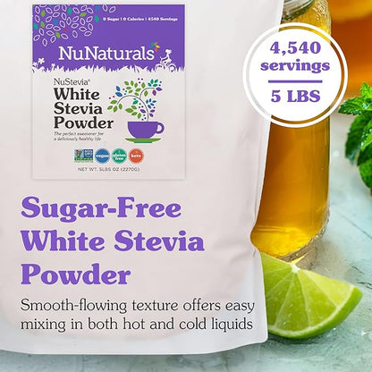 NuNaturals White Stevia Powder, Plant-Based Sugar Substitute, Zero Calorie Sweetener, 5 lbs