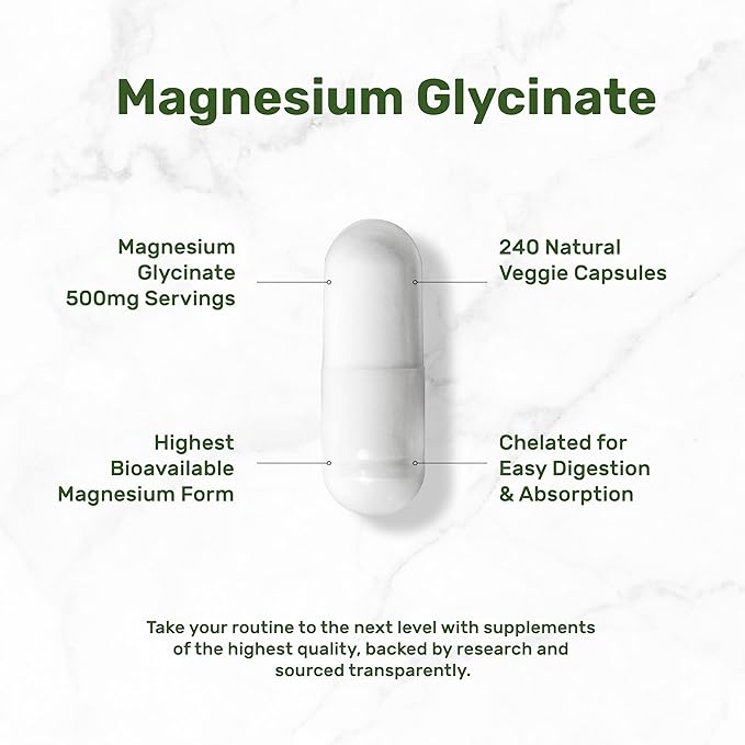 Magnesium Glycinate 500mg, 240* Veggie Capsules | Chelated for Easy Absorption | Highly Purified Essential Trace Mineral for Muscle, Joint, Heart, & Digestive Health