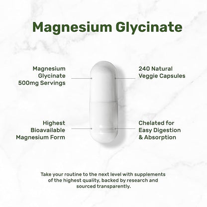 Magnesium Glycinate 500mg, 240* Veggie Capsules | Chelated for Easy Absorption | Highly Purified Essential Trace Mineral for Muscle, Joint, Heart, & Digestive Health