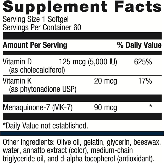 Metagenics D3 5,000 + K - for Immune Support, Bone Health & Heart Health* - Vitamin D with MK-7 (Vitamin K2) - Non-GMO - Gluten-Free - 60 Softgels