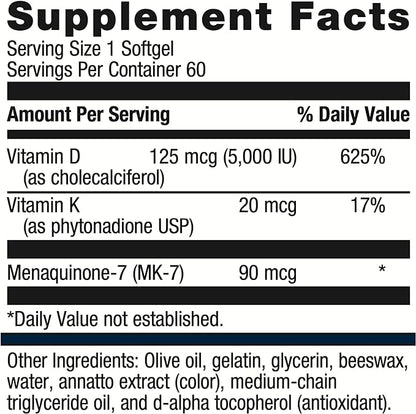 Metagenics D3 5,000 + K - for Immune Support, Bone Health & Heart Health* - Vitamin D with MK-7 (Vitamin K2) - Non-GMO - Gluten-Free - 60 Softgels