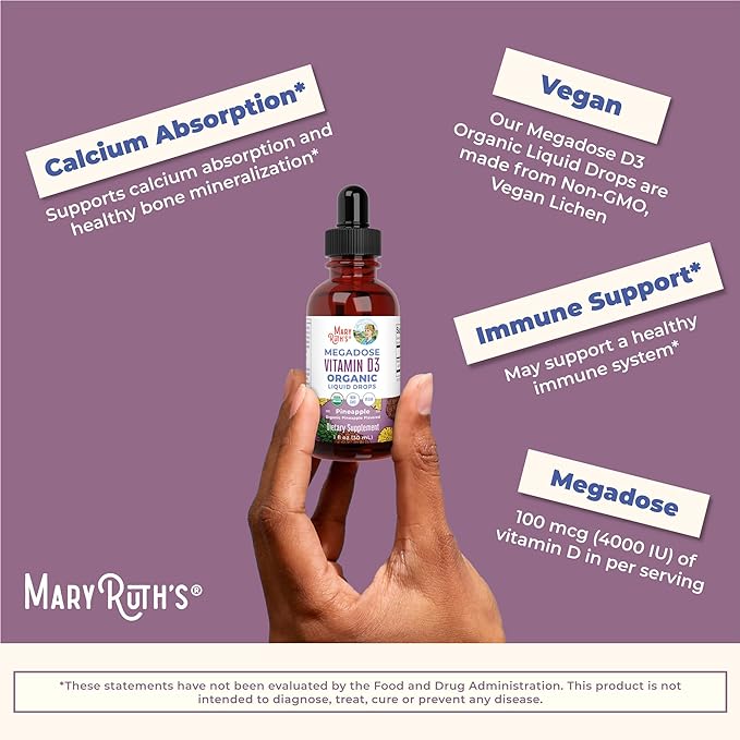 MaryRuth Organics Vitamin D3 Liquid Drops | Megadose 4000 IU | USDA Organic Liquid Vitamin D Spray for Adults & Kids | Immune Support & Bone Health | Vegan | Gluten Free | Non-GMO | 30 Servings