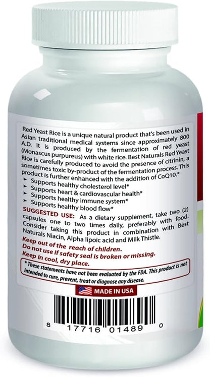 Best Naturals Red Yeast Rice with CoQ10, 120 Capsules - Cardiovascular Formula Contains 600 mg of Red Yeast Rice ans 30 mg of CoQ10