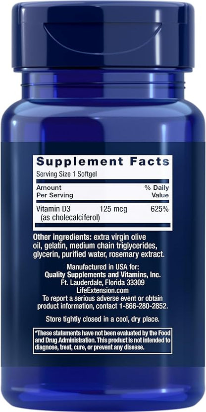 Life Extension Vitamin D3 125 mcg (5000 IU), Bone Health, Brain Performance, Immune System Support, Gluten-free, Non-GMO, Once Daily, Two-month Supply, 60 Softgels