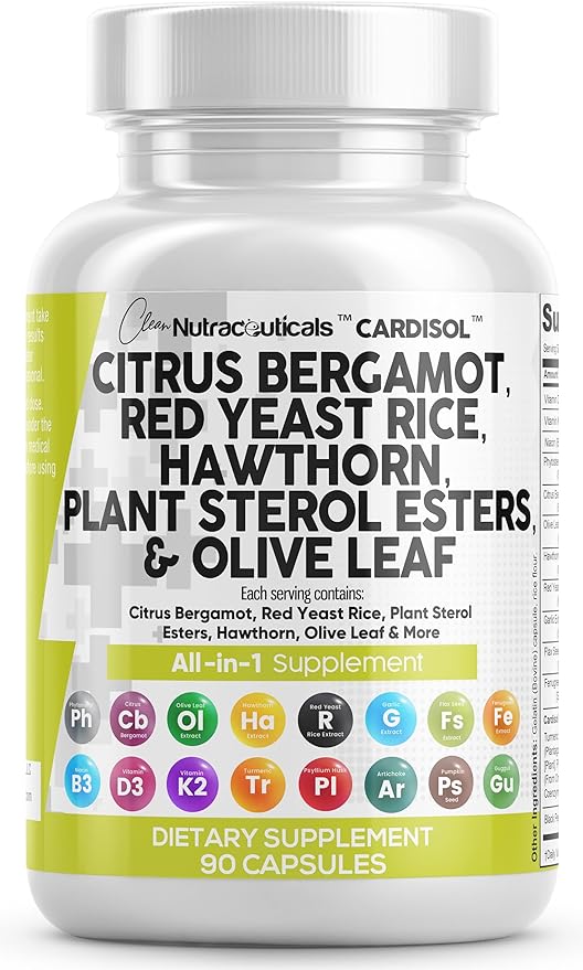 Clean Nutraceuticals Citrus Bergamot 3000mg Red Yeast Rice 6000mg Capsules with Plant Sterols 6000mg - with Hawthorn Extract Olive Leaf Niacin Vitamin K3 D3 COQ10 Guggul & More - USA Made