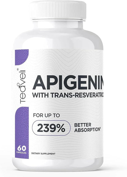 Advanced Apigenin Supplement with Resveratrol for Superior Bioavailability– 50mg Apigenin for Sleep Support Without Melatonin- Complements Magnesium Threonate, L Theanine- 60 Capsules, Vegan Friendly