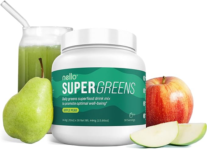 Nello Supergreens - Premium Superfood Greens Drink Mix with Chlorella, Moringa, Spinach, & Broccoli + Digestive Enzymes - Nutrient-Packed Greens Powder Superfood for Wellness(30 SRV)