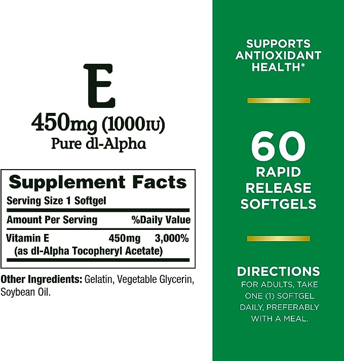 Nature's Bounty Vitamin E 1000 IU Softgels, Supports Antioxidant Health & Immune System, 1 Pack, 60 Softgels