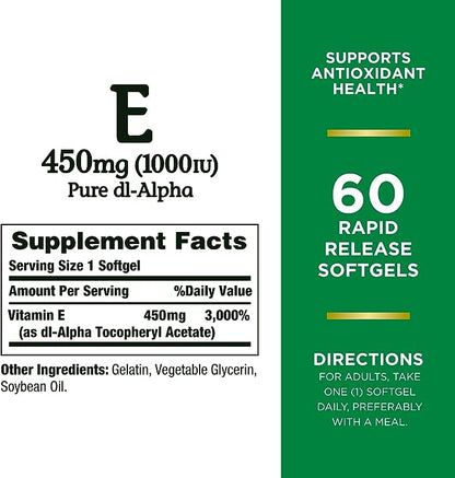 Nature's Bounty Vitamin E 1000 IU Softgels, Supports Antioxidant Health & Immune System, 1 Pack, 60 Softgels