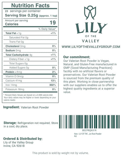 LILY OF THE VALLEY Valerian Extract Powder - Ideal for Cooking and Baking - Rich in Essential Fatty Acids - Vegan & Gluten-Free - Packed in Resealable Pouch (4oz, 113g)