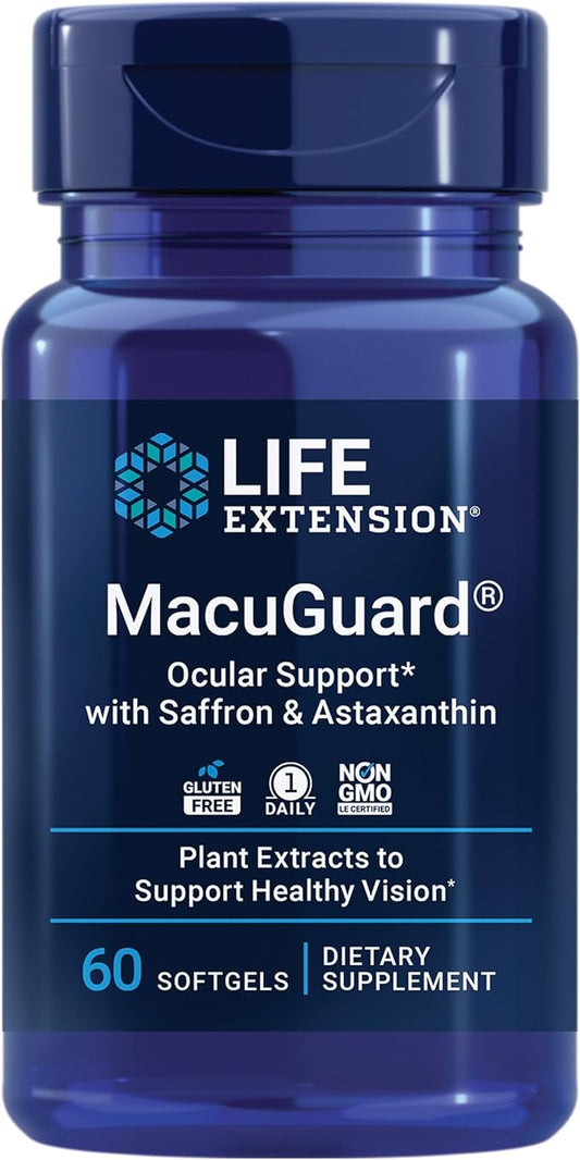 Life Extension Macuguard Ocular Support with Saffron & Astaxanthin - with Lutein, Meso-Zeaxanthin - Eye Health Supplement â€“ Once-Daily, Non-GMO, Gluten-Free - 60 Count (Pack of 1)