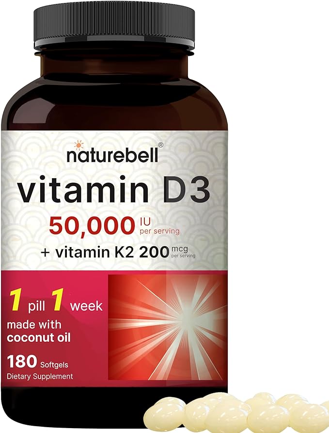 NatureBell Vitamin D3 50,000 iu with K2 200 mcg, 180 Coconut Oil Softgels | Vitamins D as Cholecalciferol & K as MK-7 | Max Strength Bone, Heart, Immune, & Calcium Support | Once Weekly, Non-GMO