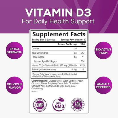 Vitamin D3 Gummies 5,000 IU Extra Strength 125 mcg D3 Supplement Gummy - Support Natural Bone, Muscle, & Immune Health - Gluten Free - Non-GMO - Nature's Raspberry Flavor - 60 Gummies - 60 Day Supply