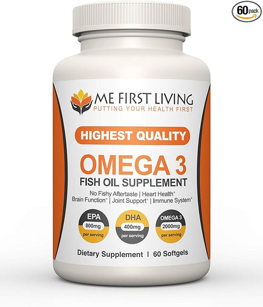 Me First Living Omega 3 Fish Oil, 2000 MG Omega 3, 800 MG EPA, 400 MG DHA, Heart Health, Joint Health, Brain Health, Burpless, 60 Capsules