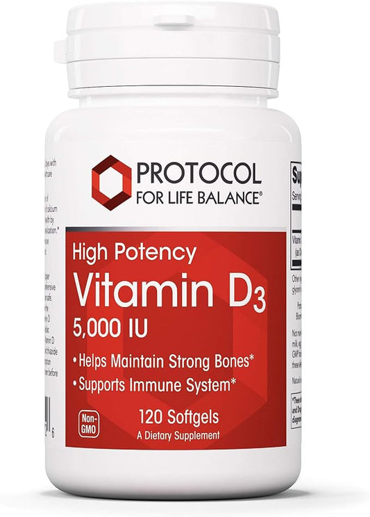 PROTOCOL FOR LIFE BALANCE - Vitamin D3 5000 IU (High Potency) Supports Calcium Absorption, Bone and Dental Health, Immune System Function, Nervous System, and Cognitive Function - 120 Softgels