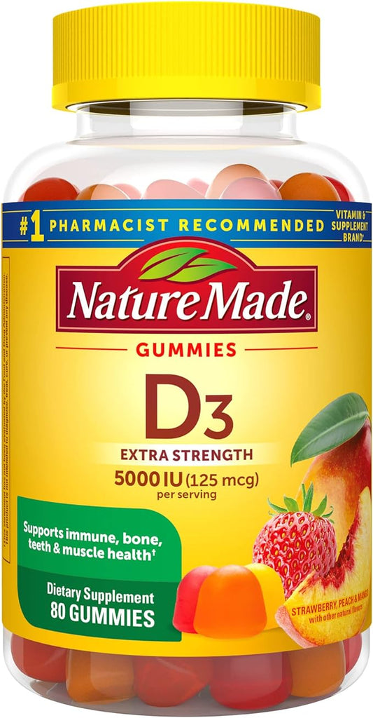 Nature Made Extra Strength Vitamin D3 5000 IU (125 mcg) per serving, Dietary Supplement for Bone, Teeth, Muscle and Immune Health Support, 80 Gummies, 40 Day Supply, 80 Count (Pack of 1)