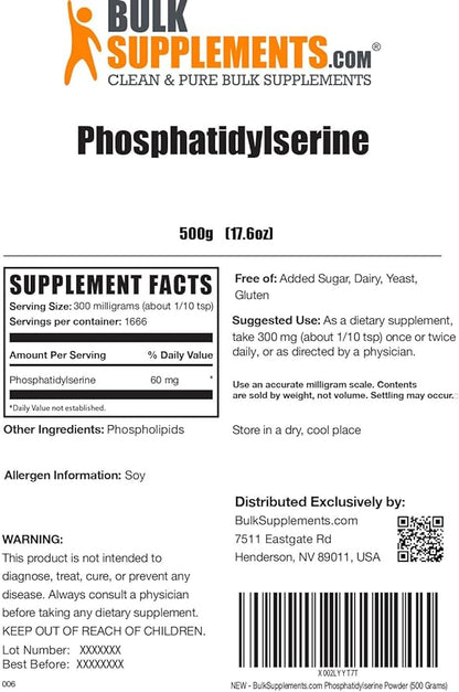 BulkSupplements.com Phosphatidylserine Powder - Phosphatidylserine Supplement, Sourced from Soy Beans - 300mg per Serving (60mg of Phosphatidylserine), 500g (1.1 lbs) (Pack of 1)