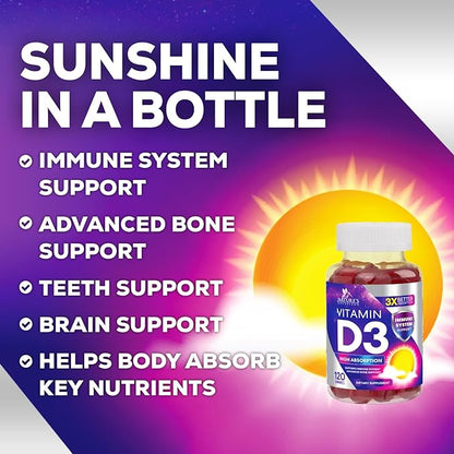 Vitamin D3 Gummy Vitamins Extra Strength 5000 IU (125 mcg) High Potency Vita D Gummies Dietary Supplement - Bone, Teeth, Muscle & Immune Support, Nature's Vitamin D Supplement, Non-GMO - 120 Gummies