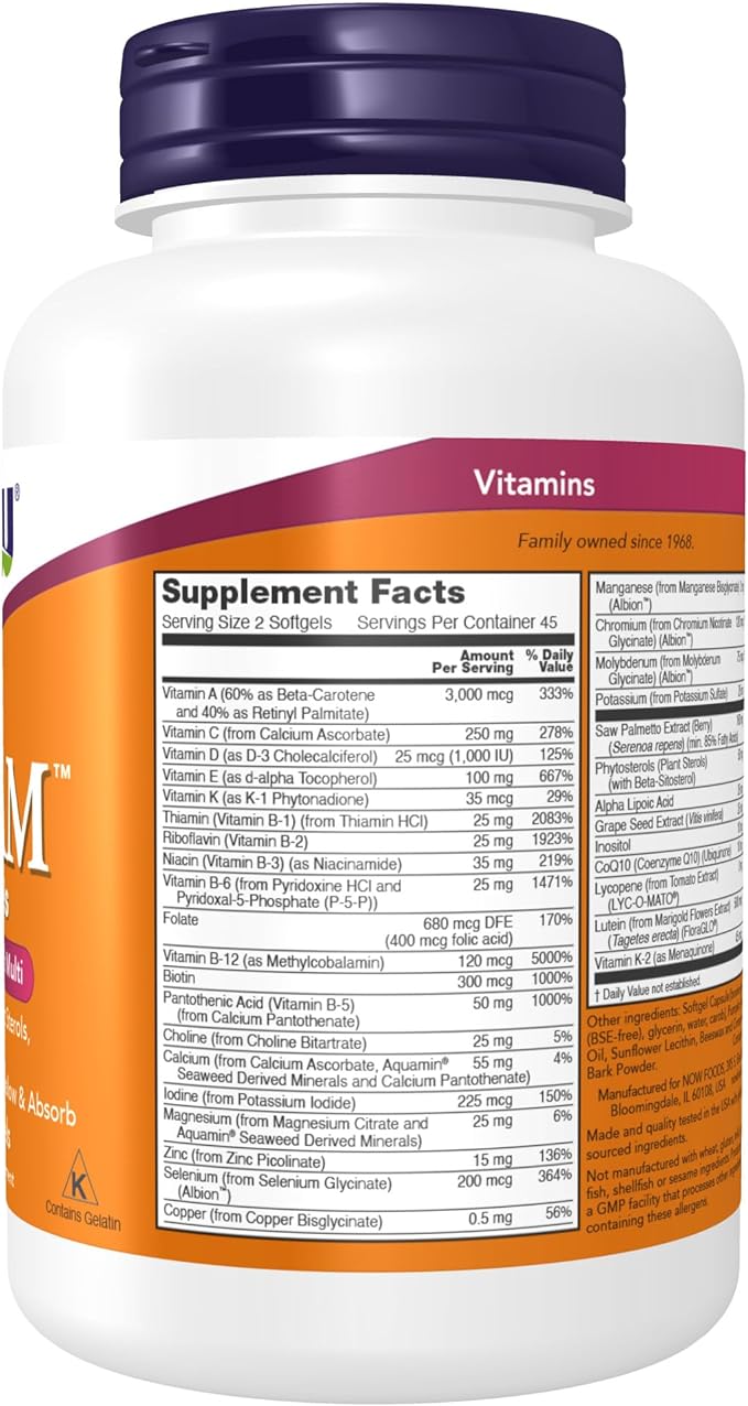 NOW Supplements, ADAM™ Men's Multivitamin with Saw Palmetto, Plant Sterols, Lycopene & CoQ10, 90 Softgels