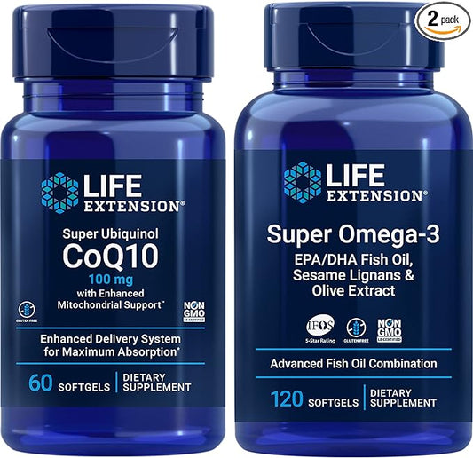 Life Extension Super Ubiquinol Coq10, 100 Mg, 60 Softgels | Super Omega-3 Epa/dha Fish Oil, 120 Softgels | Heart & Brain Health Supplements, Inflammation Management, Anti-Aging Support.