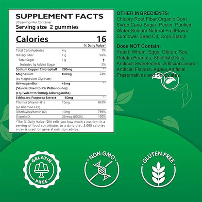 Chlorophyll Fiber Gummies 200mg +Ashwagandha, with Magnesium Glycinate, Echinacea, Vitamin D B1 B2 for Internal Deodorant, Comfort Digestion, Healthy Skin, Metabolism Support, Fresh Body Odor, 2 Packs