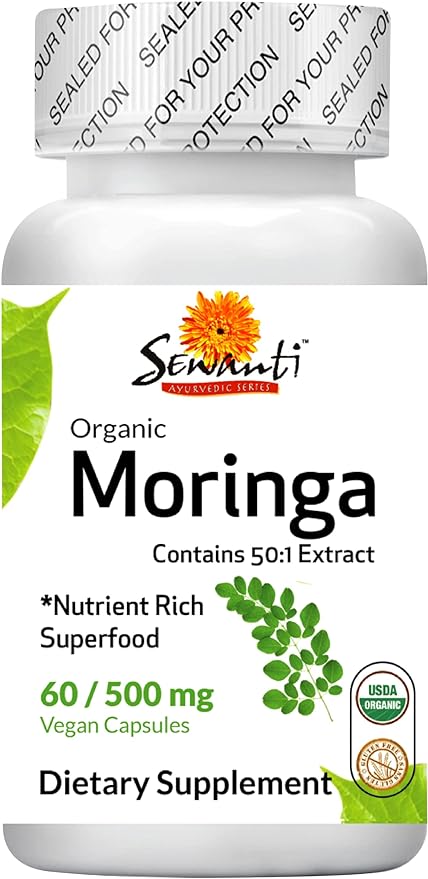 Sewanti Organic Moringa Capsules High Potency - Immune System and Energy Booster - Natural Superfood for Vitality and Detoxification Support 60 Capsules 500mg