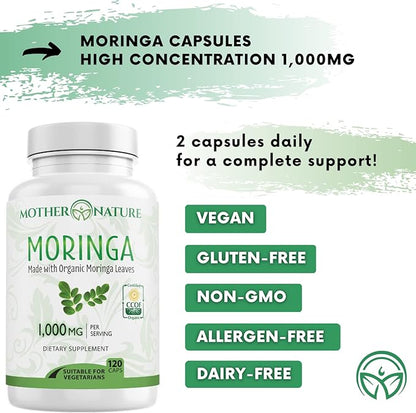 Moringa Capsules 1000mg, from Organic Certified Moringa Leaves Powder - Greens Superfood Supplement - Energy, Focus, Lactation Support, Vitamin C for Immune Support - Vegan, Non-GMO (120 Count)