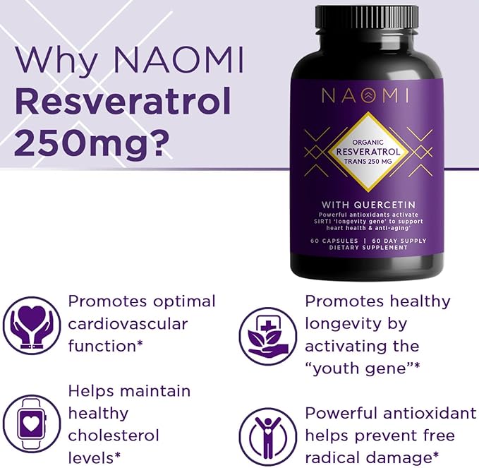 NAOMI Organic Trans Resveratrol Supplement 250mg with Quercetin, Muscadine Grapes, Antioxidant Support, High Absorption, 60 Veggie Capsules